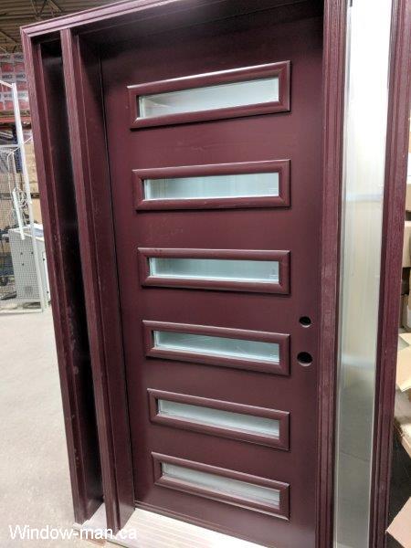 Single entry prehung insulated burgundy modern front door with two sidelights. Modern executive shaker style. Six lite. Acid etched glass. Ruth retro collection